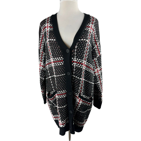 NWT Jessica Simpson Maria Plaid Cardigan Plus Size 3X Thick Knit Blk Red Button - Picture 2 of 8